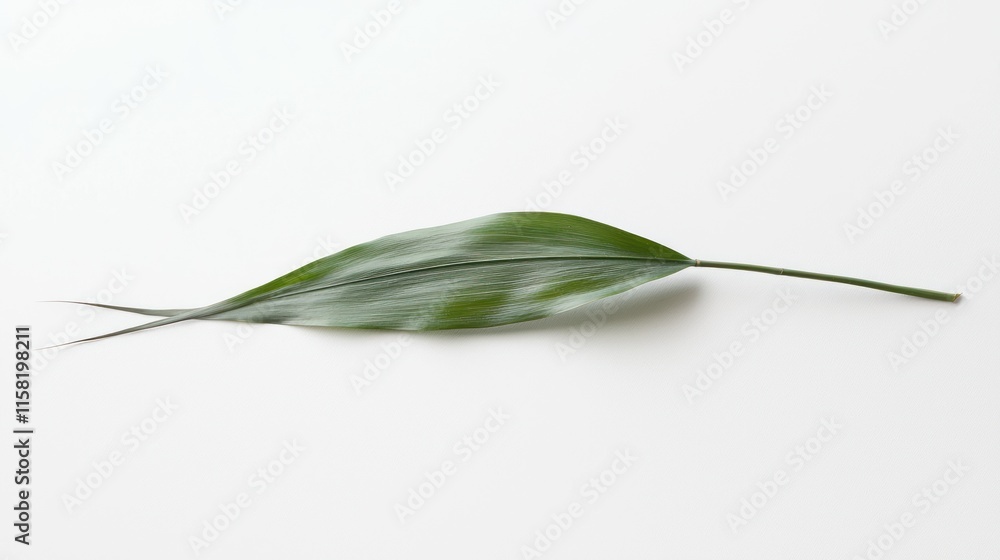 Fototapeta premium A single green leaf resting on a white surface, showcasing its shape and texture.