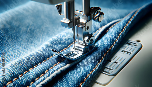 Denim A close-up of a sewing machine needle finishing a hem on blue denim, with the presser foot holding t4 photo