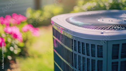 Close-up of an outdoor air conditioning unit in a garden setting.