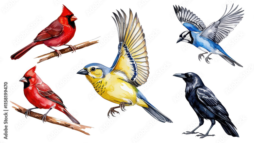 Fototapeta premium Watercolor Bird Collection Cardinals Blue Jay Yellow Finch Crow