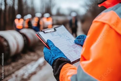 Pipeline Construction Site Inspection with Engineer Holding Checklist