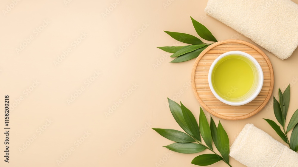 Calm Spa Essentials with Olive Oil and Soft Towels on Neutral Background Calm Spa Essentials with Olive Oil and Soft Towels on Neutral Background