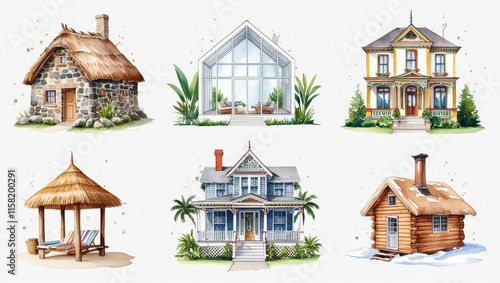Watercolor House Collection Cottage Modern Victorian Beach Hut Log Cabin