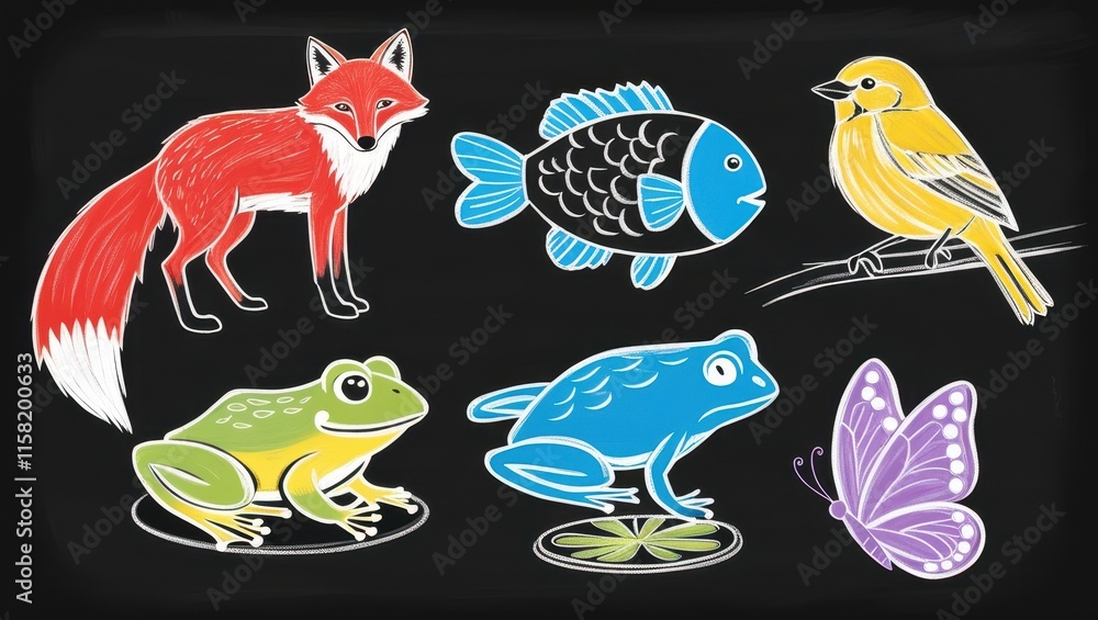Obraz premium Colorful Chalk Animals Fox Fish Frogs Bird Butterfly Illustration