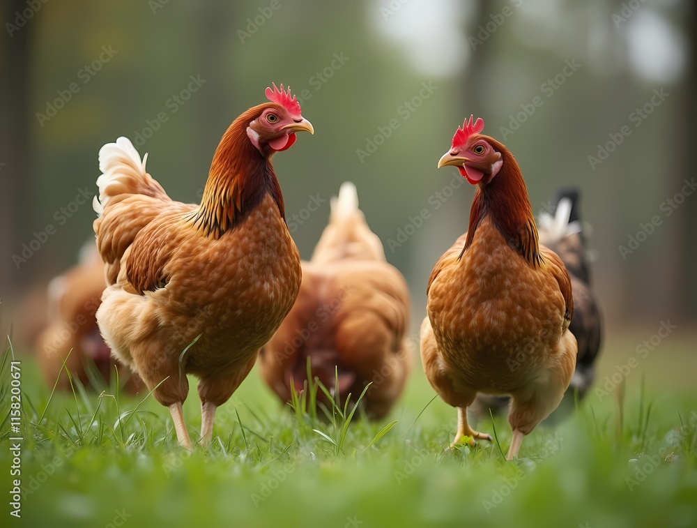 Fototapeta premium Chickens grazing on grass, free range farm