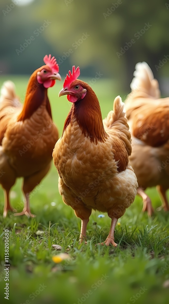 Fototapeta premium Chickens grazing on grass, free range farm