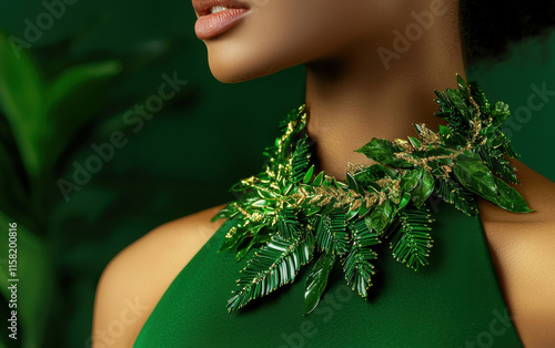 close up of woman wearing vibrant green leaf inspired necklace, showcasing sustainable fashion and eco friendly design photo