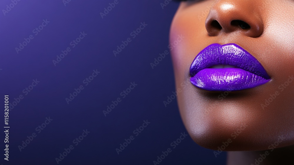 Obraz premium Vibrant Purple Lipstick on Glossy Lips Against a Soft Gradient Background