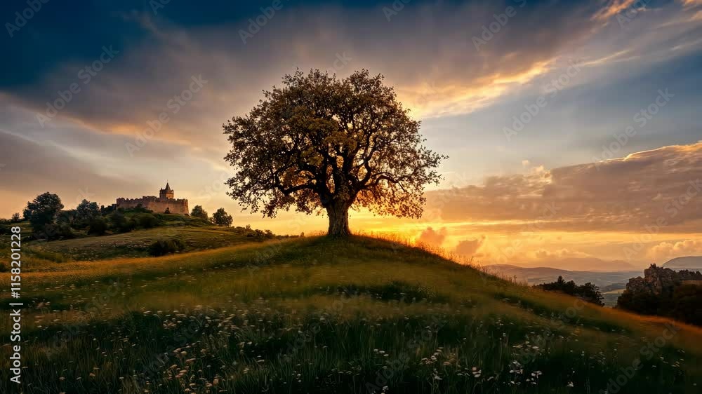 Majestic Sunset over Hilltop Tree and Castle Majestic Sunset over Hilltop Tree and Castle