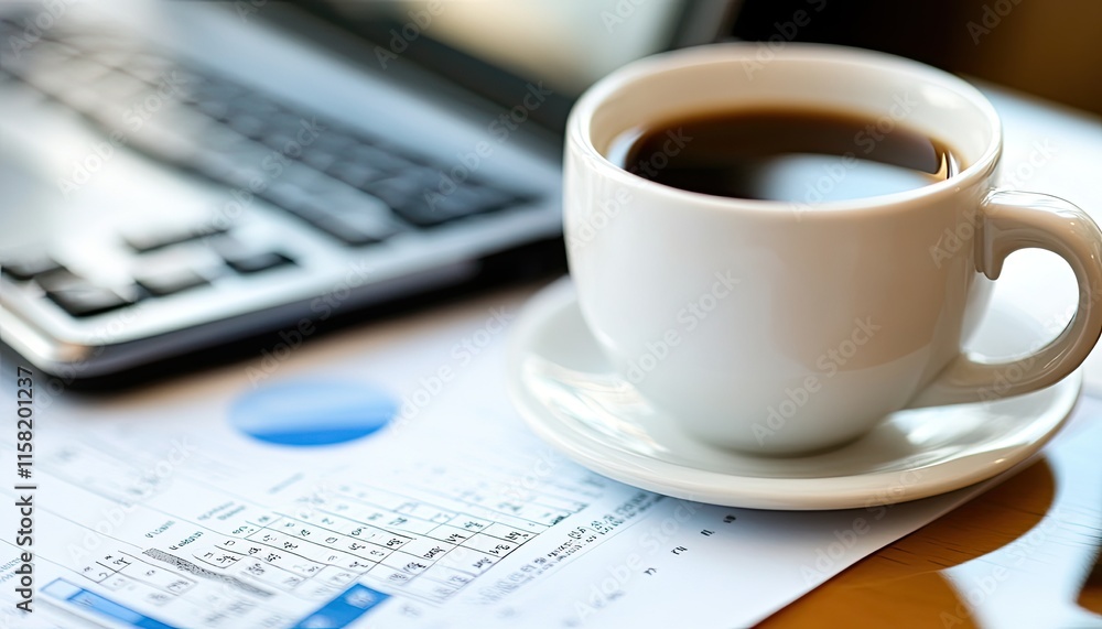 Close-up of coffee cup on financial documents and laptop. Close-up of coffee cup on financial documents and laptop.