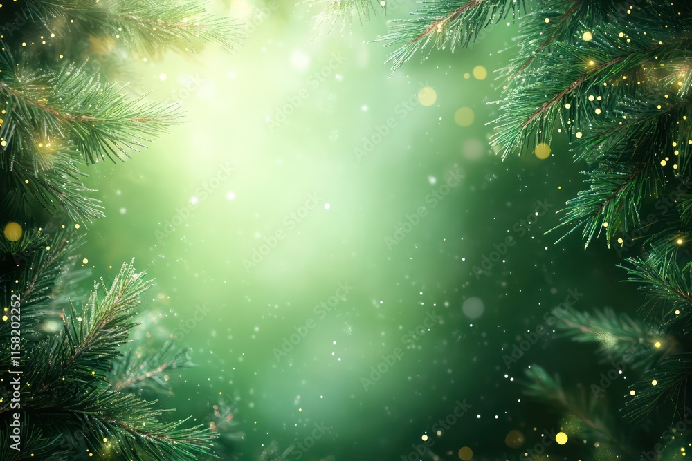 Festive Christmas frame with evergreen fir branches, shimmering golden glitter accents, and blurred lights forming a soft bokeh effect on a vibrant green background. Festive Christmas frame with evergreen fir branches, shimmering golden glitter accents, and blurred lights forming a soft bokeh effect on a vibrant green background.