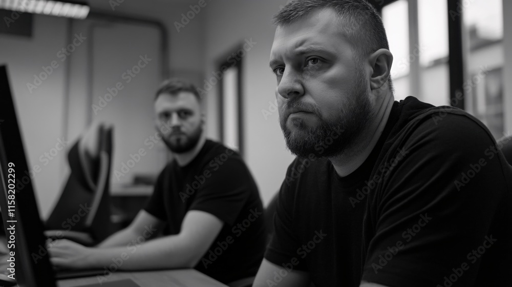 Focused Men Working Together in a Modern Office Environment Focused Men Working Together in a Modern Office Environment
