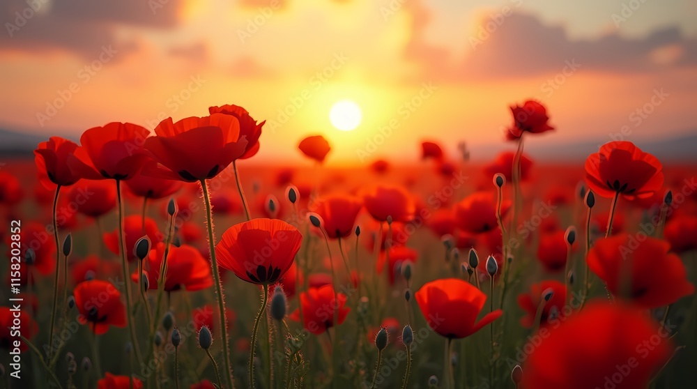 Fototapeta premium Field of red poppies in the sunset