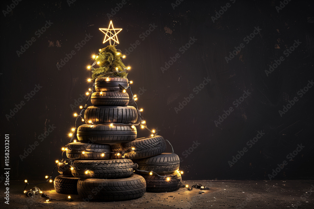 Fototapeta premium Christmas tree made of car tires and wheels on black background with copy space