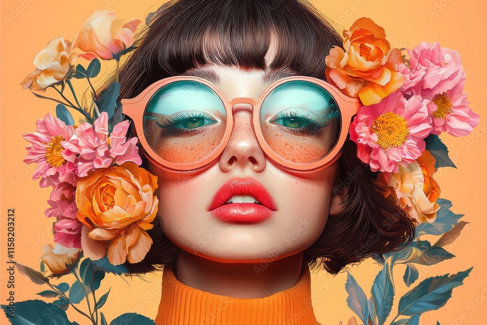 Fototapeta premium Stylish woman with vibrant sunglasses surrounded by colorful flowers