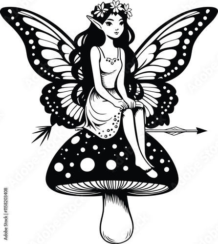 Fairy sitting on top of a mushroom vector illustration design photo