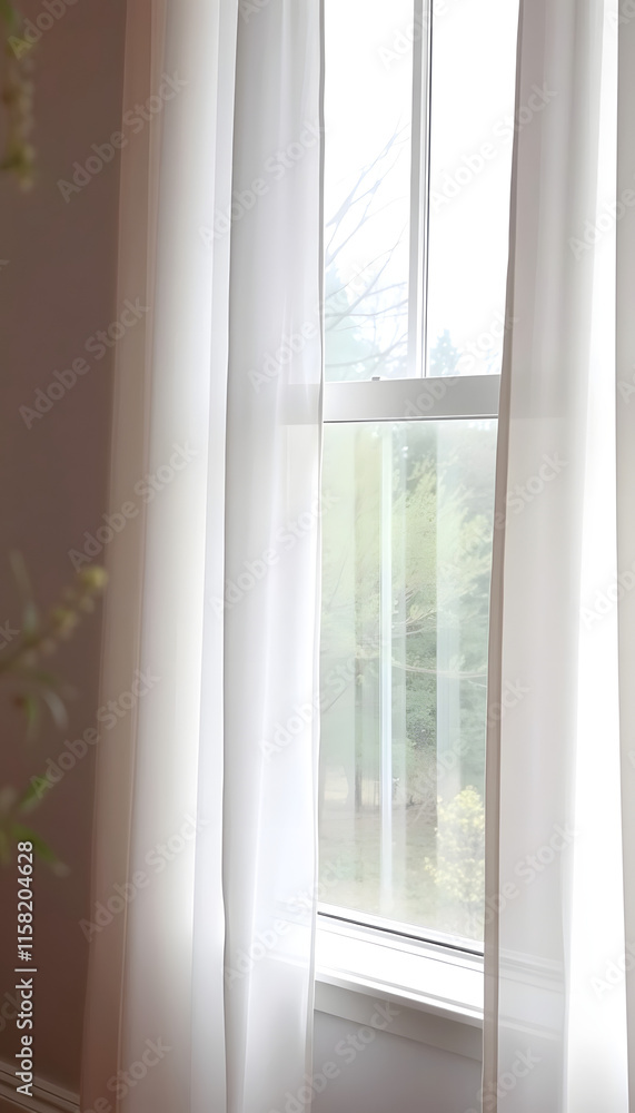 Fototapeta premium A window with sheer white curtains gently billowing in the spring breeze, maintain a soft and muted color scheme to convey a sense of tranquility and simplicity, photo