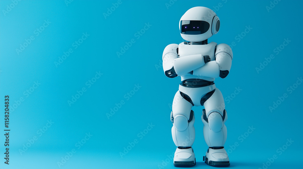 Fototapeta premium Futuristic Humanoid AI Robot with Sleek White Metallic Body and Gradient Blue Background for Modern Technology Concept