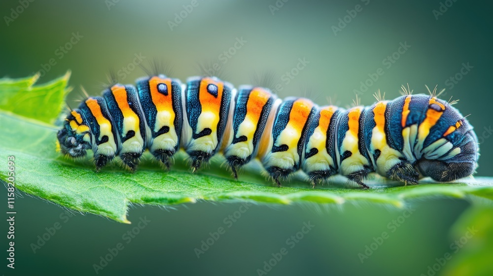 Vibrant caterpillar crawling on a green leaf.