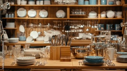 A kitchenware showroom with elegant utensils, cookware, and dining sets arranged in stylish setups