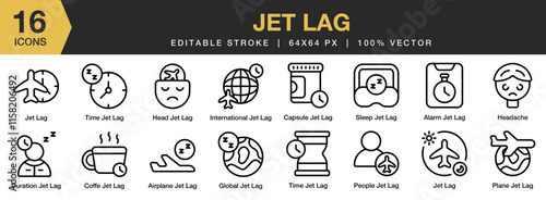 Jet Lag icon set. Editable Stroke Icon Collection. Includes Jet, Lag, Plane, Tourism, Transportation, Travel, Vacation, and More. Outline icons vector collection.