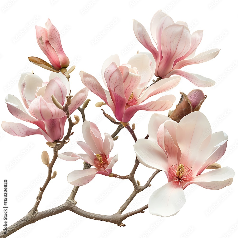 Obraz premium Magnolia flowers on a branch isolated on white background. Spring blossom.