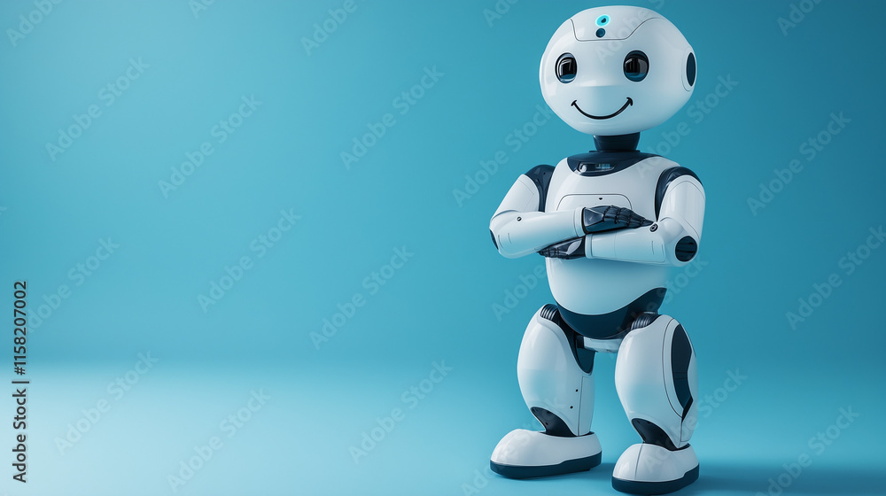 Fototapeta premium Futuristic Humanoid AI Robot with Sleek White Metallic Body and Gradient Blue Background for Modern Technology Concept