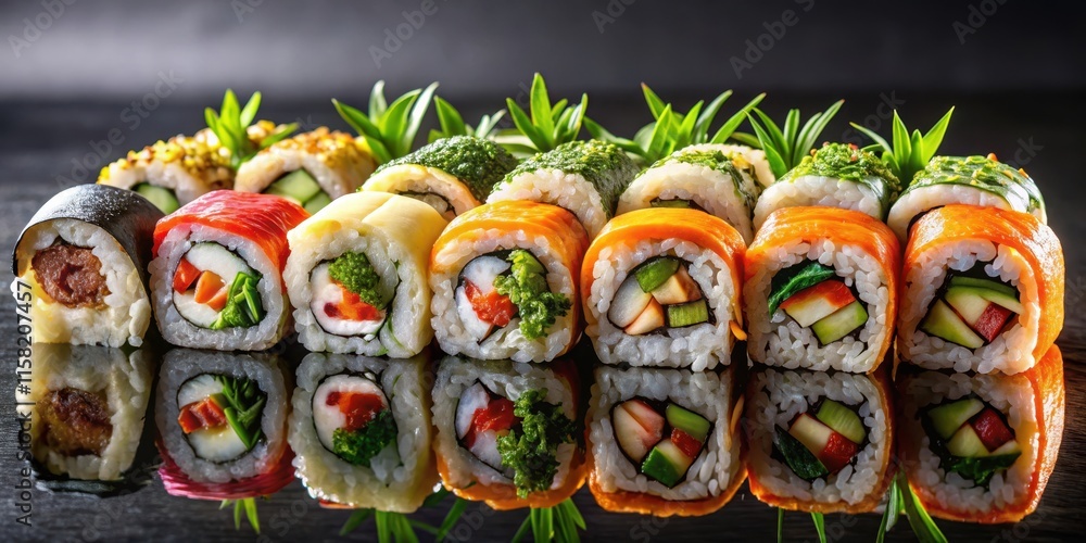 Skillfully prepared sushi rolls in a beautiful arrangement , sushi, rolls, Japanese cuisine, food, seafood, presentation Skillfully prepared sushi rolls in a beautiful arrangement , sushi, rolls, Japanese cuisine, food, seafood, presentation