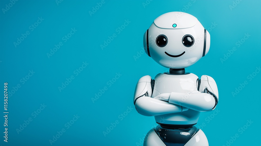 Futuristic Humanoid AI Robot with Sleek White Metallic Body and Gradient Blue Background for Modern Technology Concept Futuristic Humanoid AI Robot with Sleek White Metallic Body and Gradient Blue Background for Modern Technology Concept