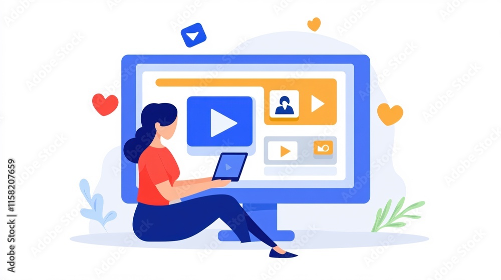 Young Woman Interacting with Multimedia Content on a Large Screen Young Woman Interacting with Multimedia Content on a Large Screen
