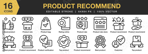 Product Recommend icon set. Editable Stroke Icon Collection. Includes Popular, Product, Favorite, Package, Recommend, Quality, Advice, and More. Outline icons vector collection.