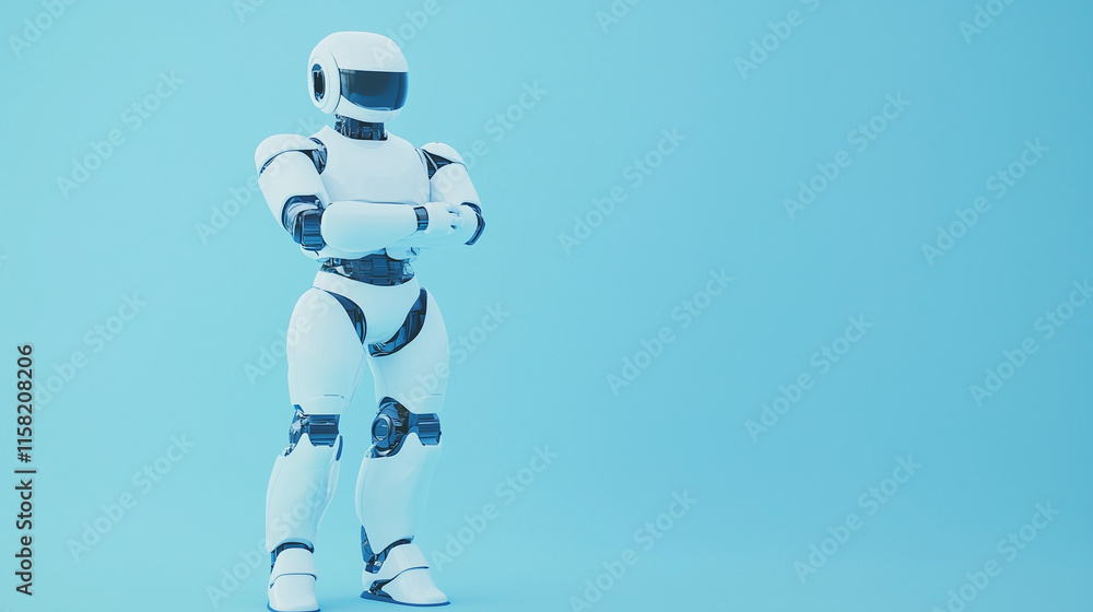 Fototapeta premium Futuristic Humanoid AI Robot with Sleek White Metallic Body and Gradient Blue Background for Modern Technology Concept