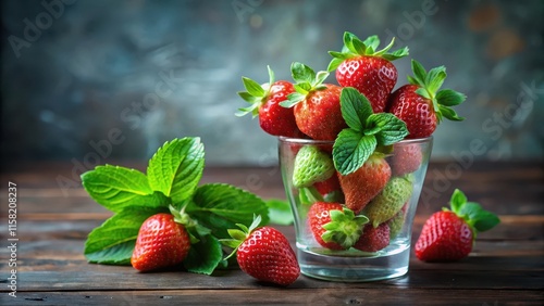 Fresh strawberries and mint leaves arranged in a small vase , G?rten, Melisse photo