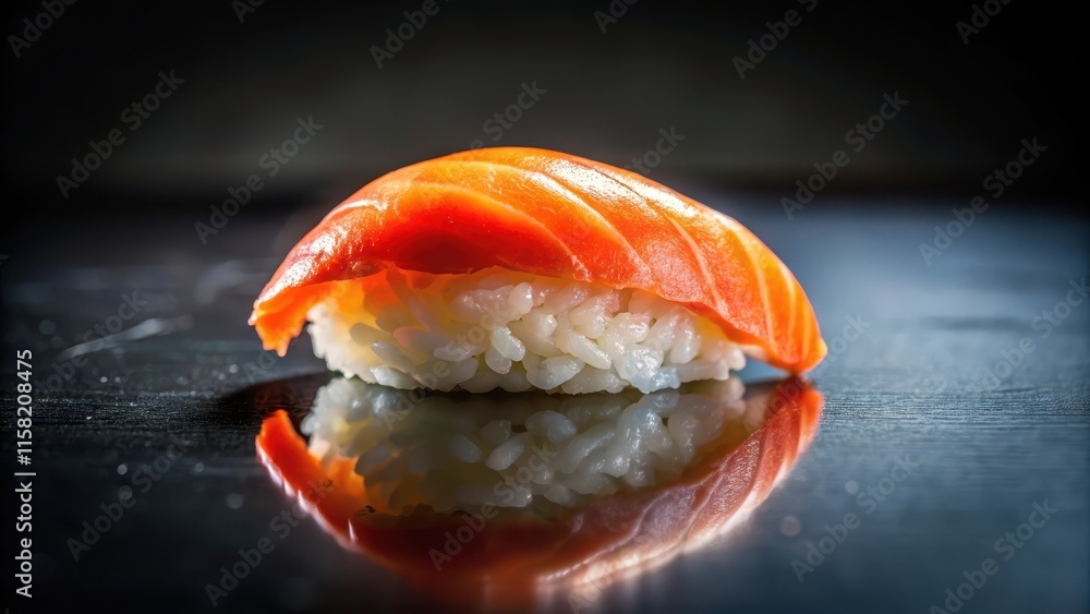 A delicate piece of sushi nigiri placed on a glossy black surface, illuminated by soft natural light, showcasing its vibrant colors and intricate details , appetizer, gourmet A delicate piece of sushi nigiri placed on a glossy black surface, illuminated by soft natural light, showcasing its vibrant colors and intricate details , appetizer, gourmet