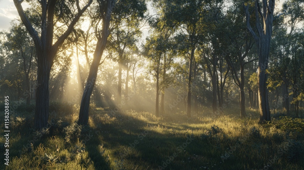 Fototapeta premium A serene forest scene with sunlight filtering through trees, creating a tranquil atmosphere.