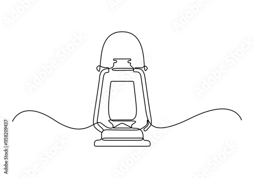 Kerosene lantern one line drawing. Line art paraffin lamp. Hand drawn art, Continuous one line drawing backpack. Outline drawing of a kerosene lamp with handle and wick, lantern. Vector illustration