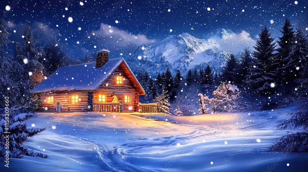 A cozy cabin in a snowy landscape, illuminated warmly during a winter night. A cozy cabin in a snowy landscape, illuminated warmly during a winter night.