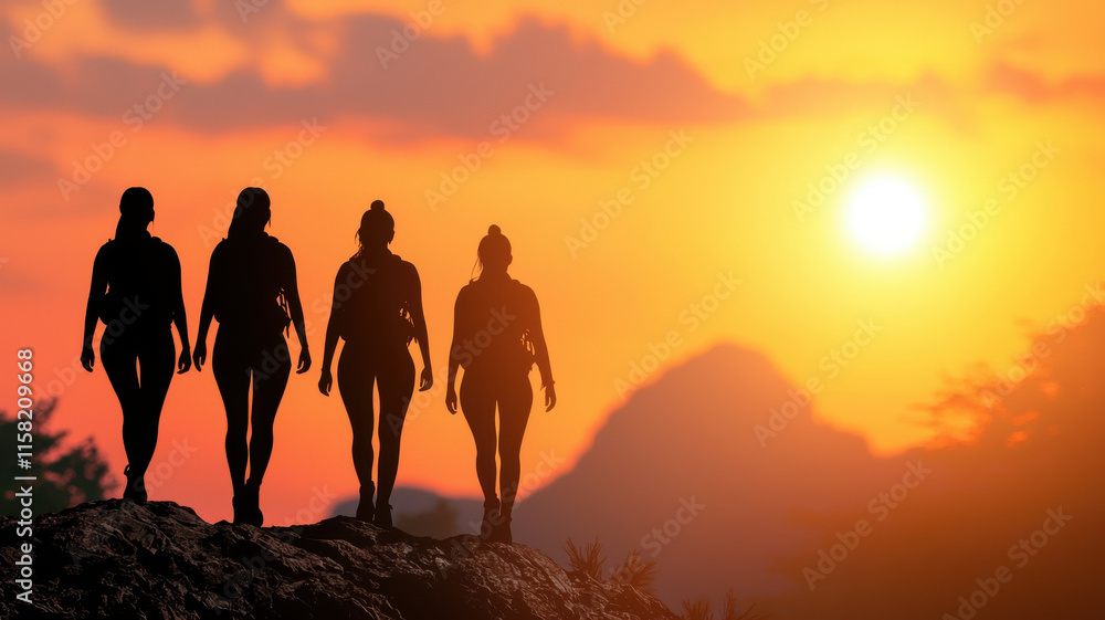 Fototapeta premium Women Day concept. Empowered women hiking at sunset, symbolizing strength and unity