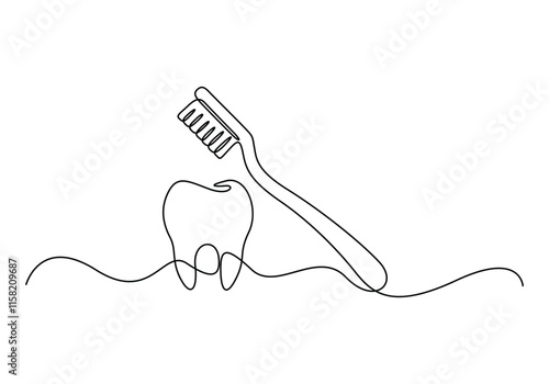 Continuous line drawing toothbrush with toothpaste. Dental care equipment at home. Brushing teeth. Teeth care concept. Oral care center. Modern continuous line draw design graphic vector illustration 