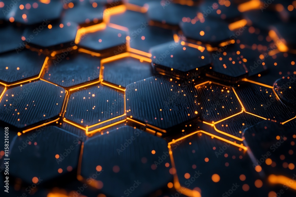 A close-up of glowing hexagonal patterns with particles, showcasing a futuristic design. A close-up of glowing hexagonal patterns with particles, showcasing a futuristic design.