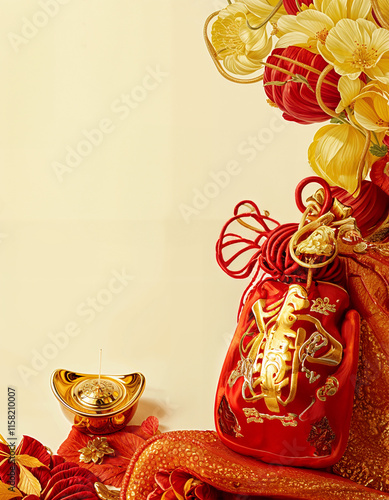 Traditional Chinese New Year Decorate with Red Lanterns and Festive Items photo