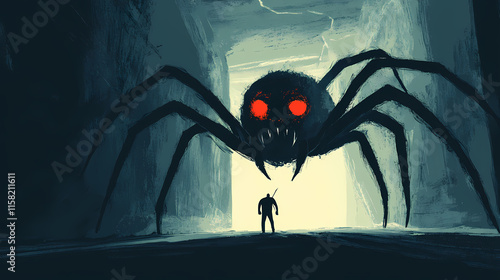 Giant boss black spider monster in the dungeon. huge arachnid chimera. Chimera. Illustration