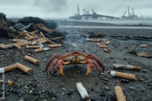 Crab on Beach Surrounded by Cigarette Butts photo