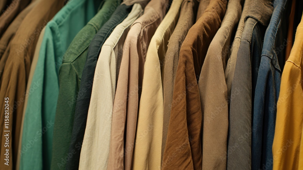 Variety of Colorful Apparel Hanging on a Rack in a Retail Store Setting Variety of Colorful Apparel Hanging on a Rack in a Retail Store Setting