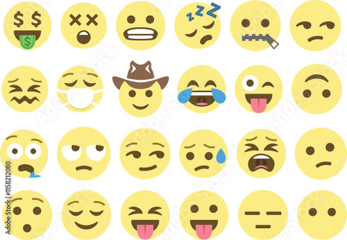 A collection of different faces with various expressions. Some of the faces are smiling, while others are frowning