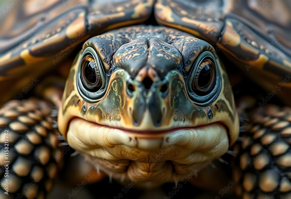 Obraz premium Intricate Tortoise Head Closeup Detailed Shell Pattern Dark Eyes