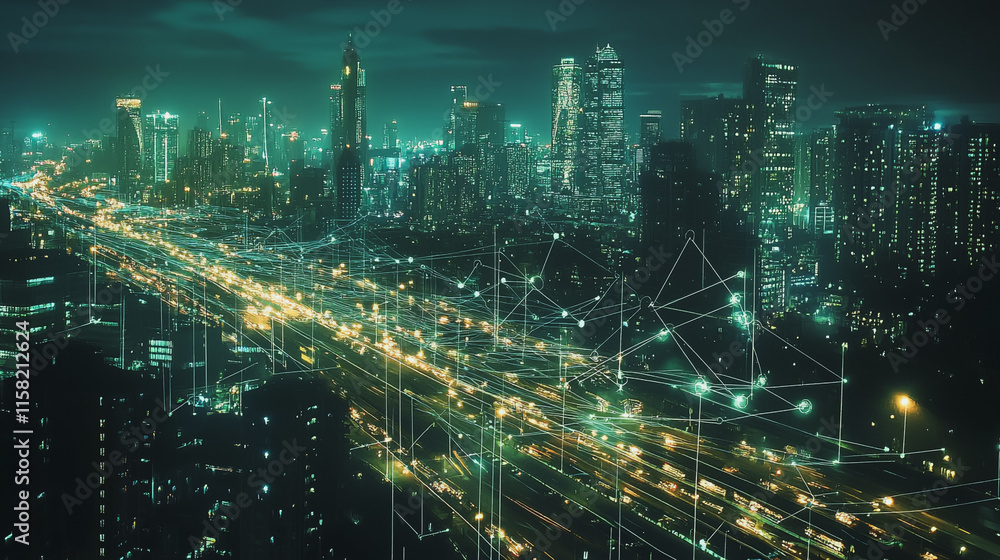 Smart digital Innovation city with connection network reciprocity over the cityscape. of future smart wireless digital city and social media networking systems that connects people with in city Smart digital Innovation city with connection network reciprocity over the cityscape. of future smart wireless digital city and social media networking systems that connects people with in city