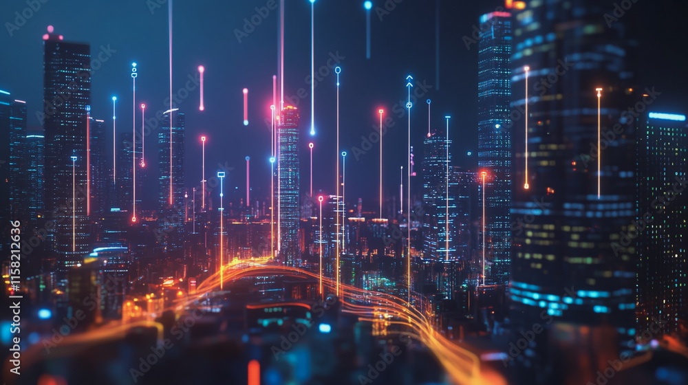 Smart digital Innovation city with connection network reciprocity over the cityscape. of future smart wireless digital city and social media networking systems that connects people with in city Smart digital Innovation city with connection network reciprocity over the cityscape. of future smart wireless digital city and social media networking systems that connects people with in city