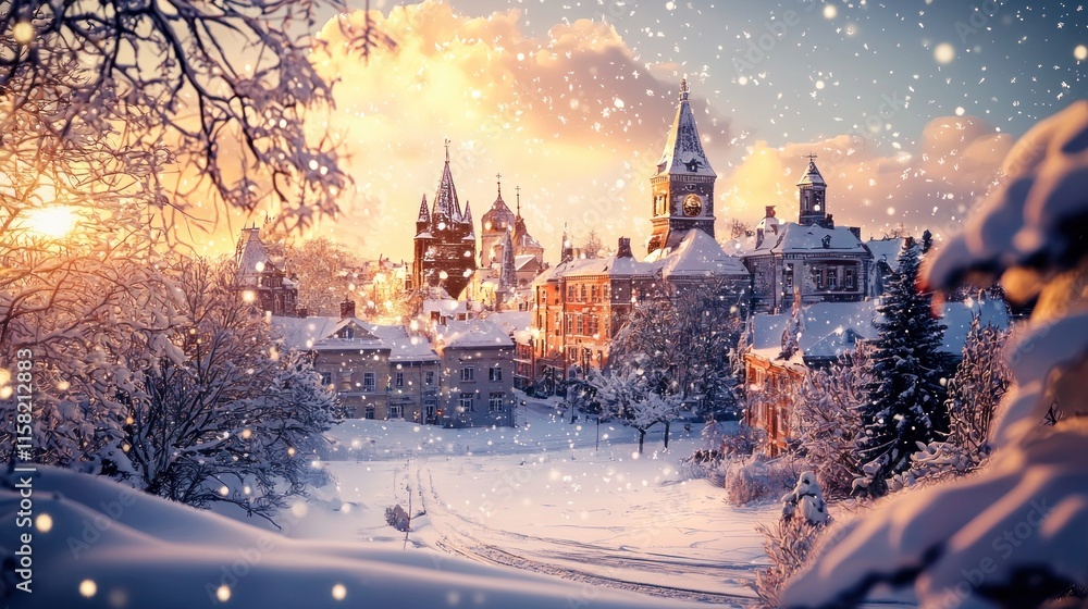 Obraz premium A serene winter landscape featuring snow-covered buildings and a sunset backdrop.