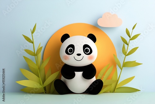 Cute Panda Cartoon Paper Art Style Nature Background photo